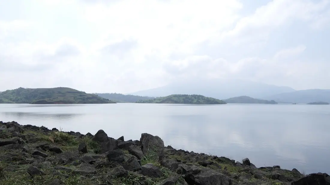The reservoir behind Banasura Sagar Dam, with wooded islands and hills beyond