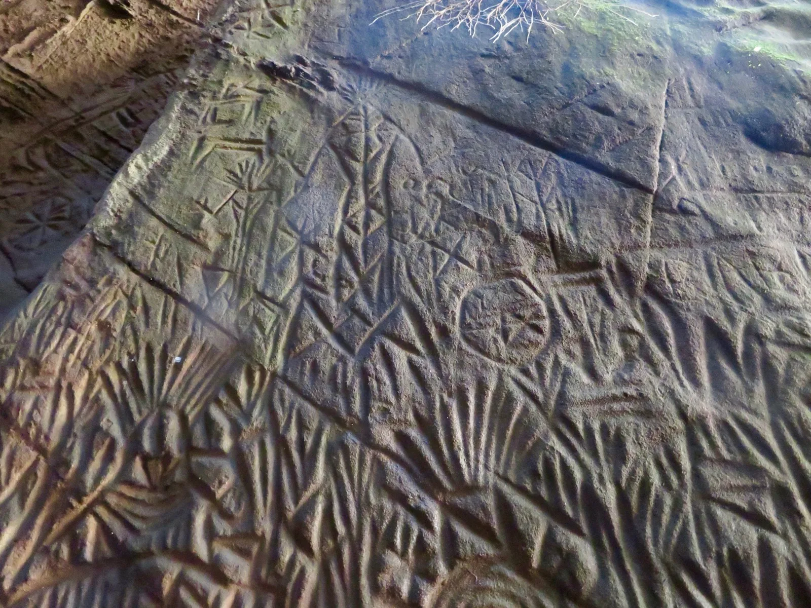 Prehistoric petroglyphs carved into the rock at Edakkal Caves, Wayanad